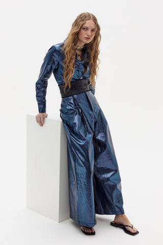 Culotte Metallic Linen Pants Dark Blue