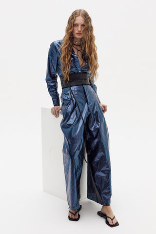 Culotte Metallic Linen Pants Dark Blue