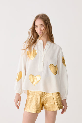 Cupid Linen Shirt Off White with Gold Hearts
