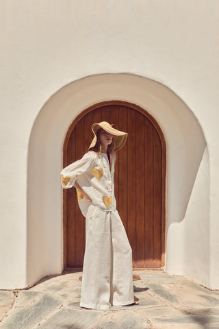 Cupid Linen Shirt Off White with Gold Hearts