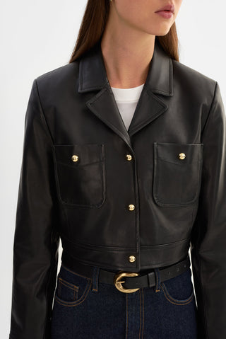 Lorena Cropped Leather Jacket Black
