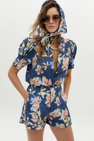 Athina Linen Shirt Blue Poppy Print