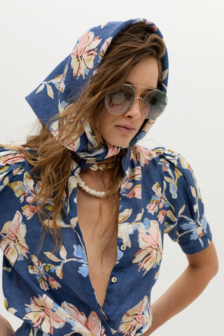 Athina Linen Shirt Blue Poppy Print