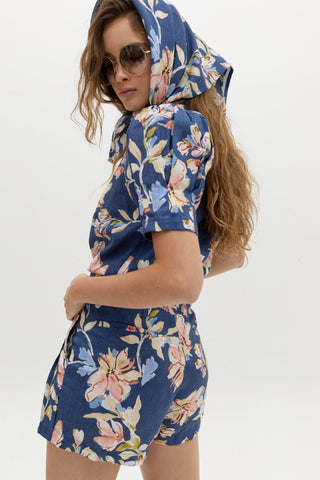 Athina Linen Shirt Blue Poppy Print