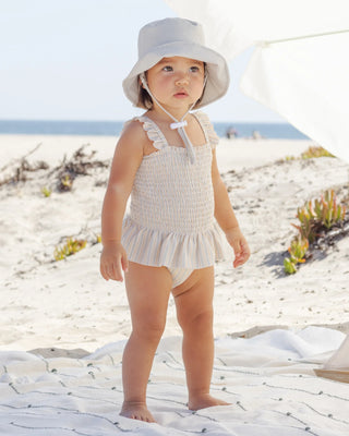Smocked One Piece Swimsuit Blue + Butterscotch Stripe