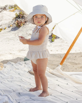 Smocked One Piece Swimsuit Blue + Butterscotch Stripe