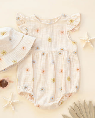 Amelia Romper Embroidered Daisies Natural