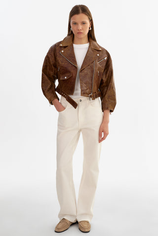 Vinnie Leather Brown Cropped Biker Jacket