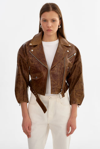 Vinnie Leather Brown Cropped Biker Jacket
