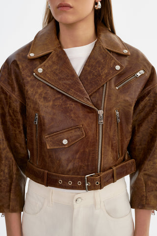 Vinnie Leather Brown Cropped Biker Jacket