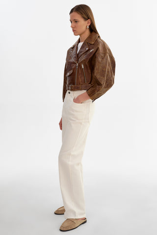 Vinnie Leather Brown Cropped Biker Jacket