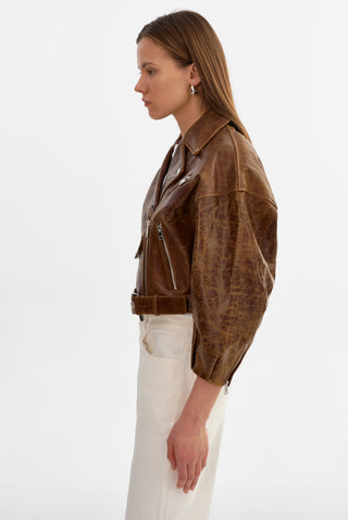 Vinnie Leather Brown Cropped Biker Jacket