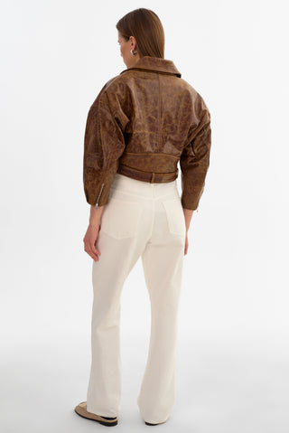 Vinnie Leather Brown Cropped Biker Jacket