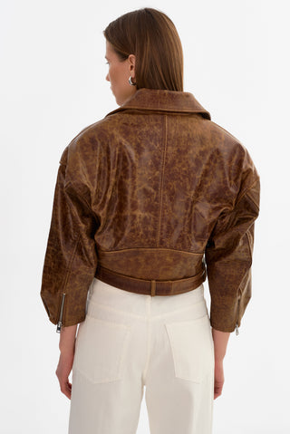 Vinnie Leather Brown Cropped Biker Jacket