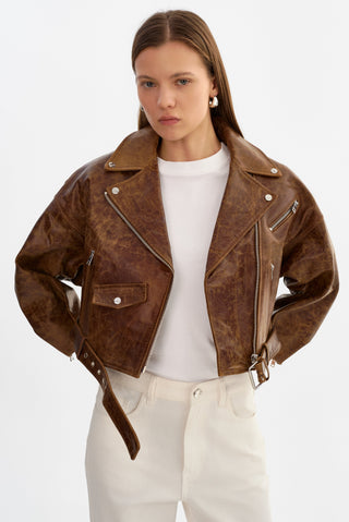 Vinnie Leather Brown Cropped Biker Jacket