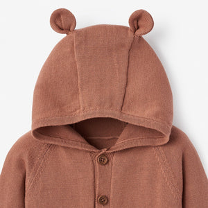 RUST HOODED COTTON KNIT BABY JUMPSUIT