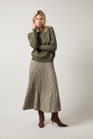 Sabrina Ponte Pleated Midi Skirt Smoked Green Plaid