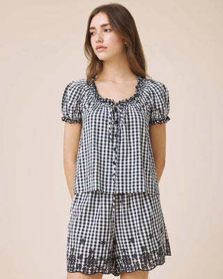 Gigi Gingham Puff Sleeve Top Navy/White