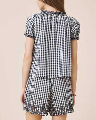 Gigi Gingham Puff Sleeve Top Navy/White