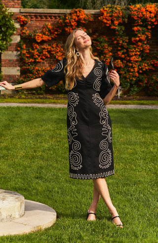 Posey Linen Embroidered Midi Dress Black & White