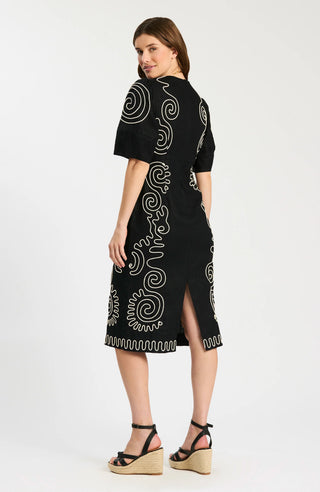 Posey Linen Embroidered Midi Dress Black & White