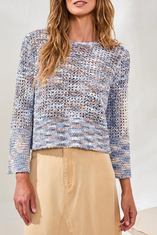 Open Stitch Crewneck Bell-Sleeve Sweater Saltwater