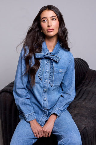 Self Tie Bow Button Front Denim Blouse Campusblue