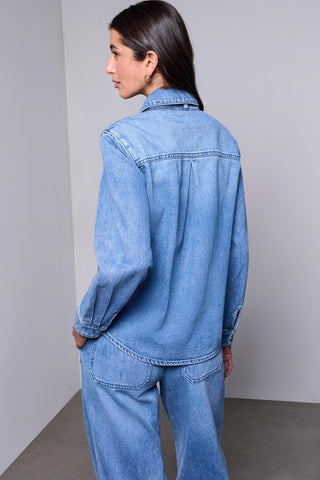 Self Tie Bow Button Front Denim Blouse Campusblue