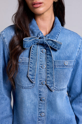 Self Tie Bow Button Front Denim Blouse Campusblue