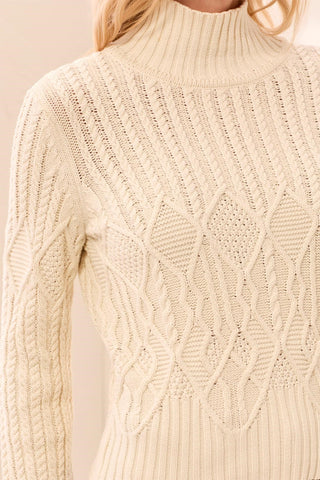 Cable Knit Mock Neck Special Wash Sweater Antique White