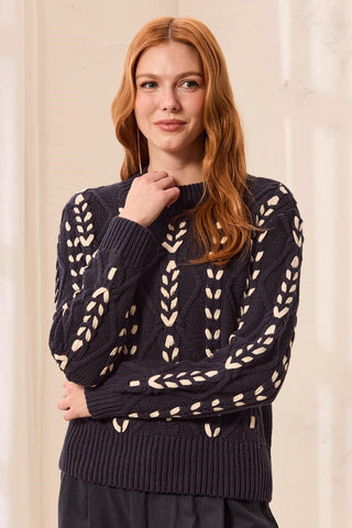 Contrast Lace-Up Cable Knit Mock Neck Sweater Sapphire