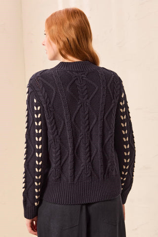 Contrast Lace-Up Cable Knit Mock Neck Sweater Sapphire