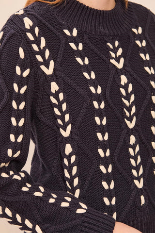 Contrast Lace-Up Cable Knit Mock Neck Sweater Sapphire