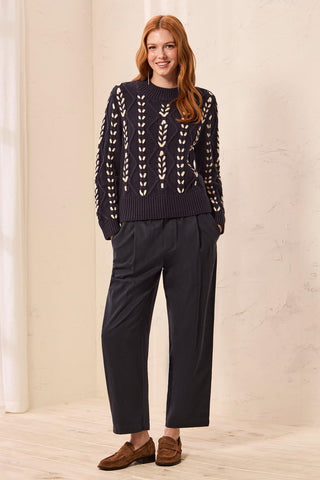 Contrast Lace-Up Cable Knit Mock Neck Sweater Sapphire