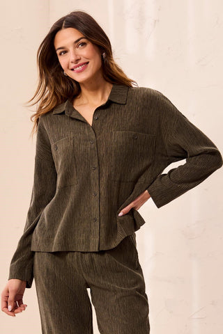 Crinkle Long Sleeve Button Front Shirt Basil