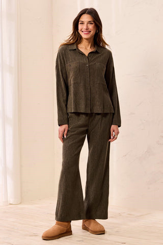 Crinkle Long Sleeve Button Front Shirt Basil