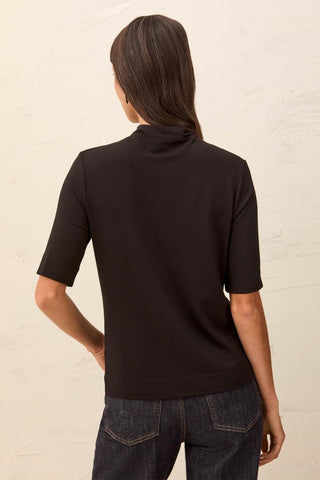 Funnel Neck Elbow Sleeve Soft Knit Top Black