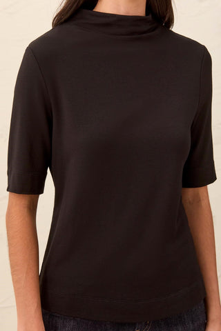 Funnel Neck Elbow Sleeve Soft Knit Top Black