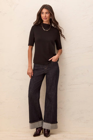 Funnel Neck Elbow Sleeve Soft Knit Top Black