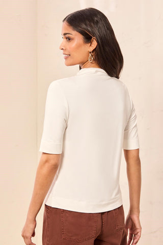 Funnel Neck Elbow Sleeve Soft Knit Top Cream