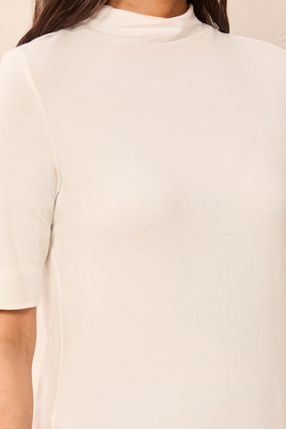 Funnel Neck Elbow Sleeve Soft Knit Top Cream