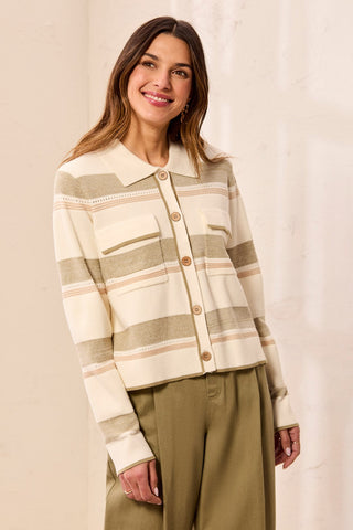 Knit Jacquard Button-Front Collared Cardigan Moonstone