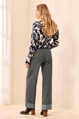 Lightweight Stripped Wide Leg Cuffed Ankle Pants Sapphire