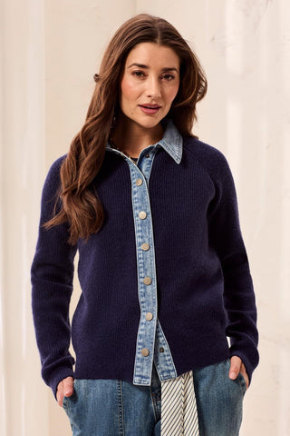 Mixed Media Sweater Jacket With Denim Detail Nightfall