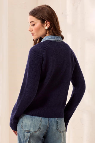 Mixed Media Sweater Jacket With Denim Detail Nightfall