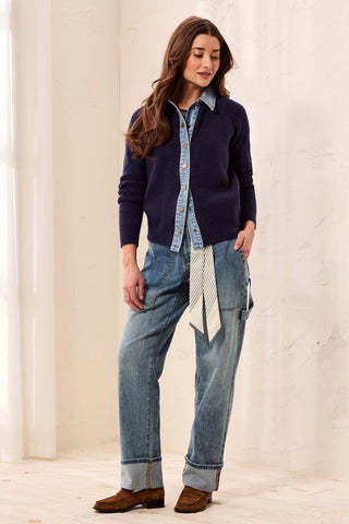 Mixed Media Sweater Jacket With Denim Detail Nightfall