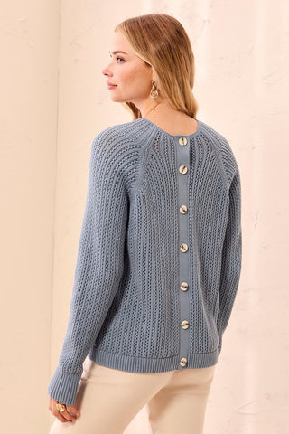 Pointelle Button-Back Long Sleeve Sweater Blue Fog