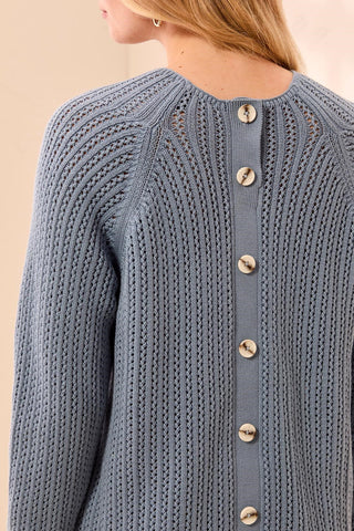 Pointelle Button-Back Long Sleeve Sweater Blue Fog