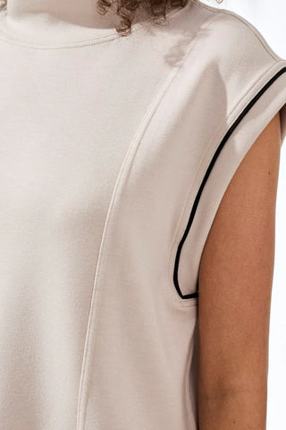 Techno Lux Mock Neck Contrast Piping Top Sand Dune