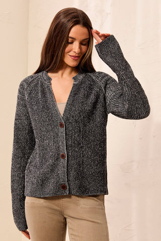 Cotton Marbled Notch Neck Button Cardigan Black